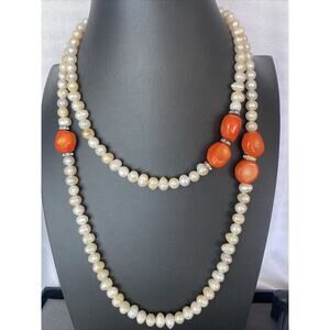 pearl with coral colored stones handmade with accent rhinestones estate necklace